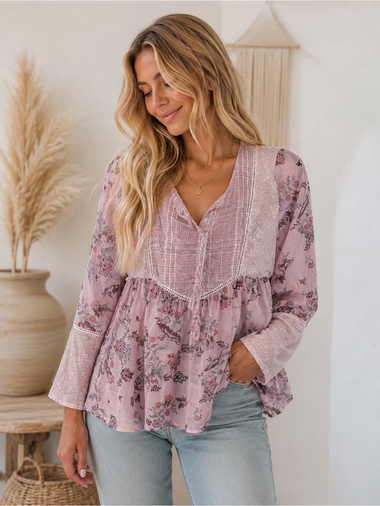 Mystree Tops - Mystree Dusty Rose Floral Lace-Trim Peasant Blouse Bohemian Aesthetic